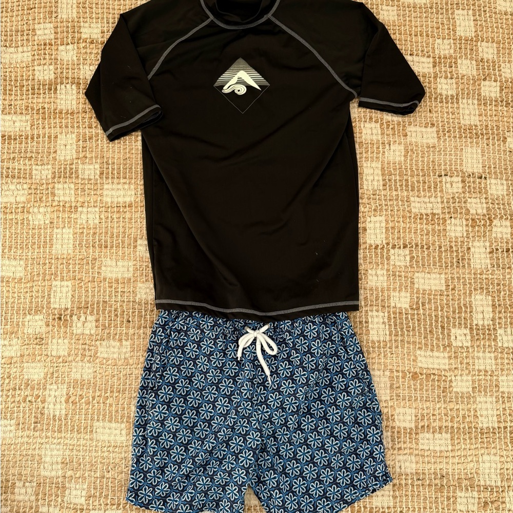 J. Crew Black Rash Guard with Blue Patterned Shorts